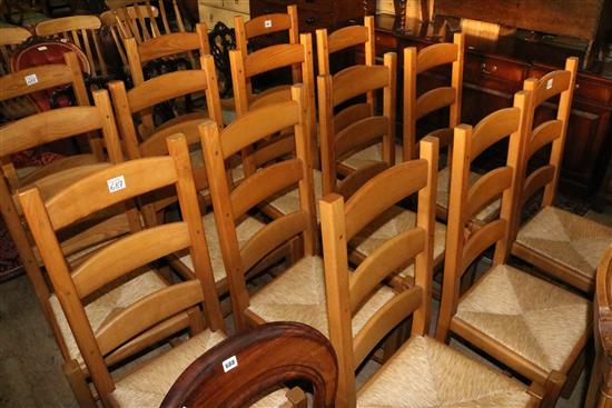 6 oak ladderback dining chairs & 2 carvers(-)